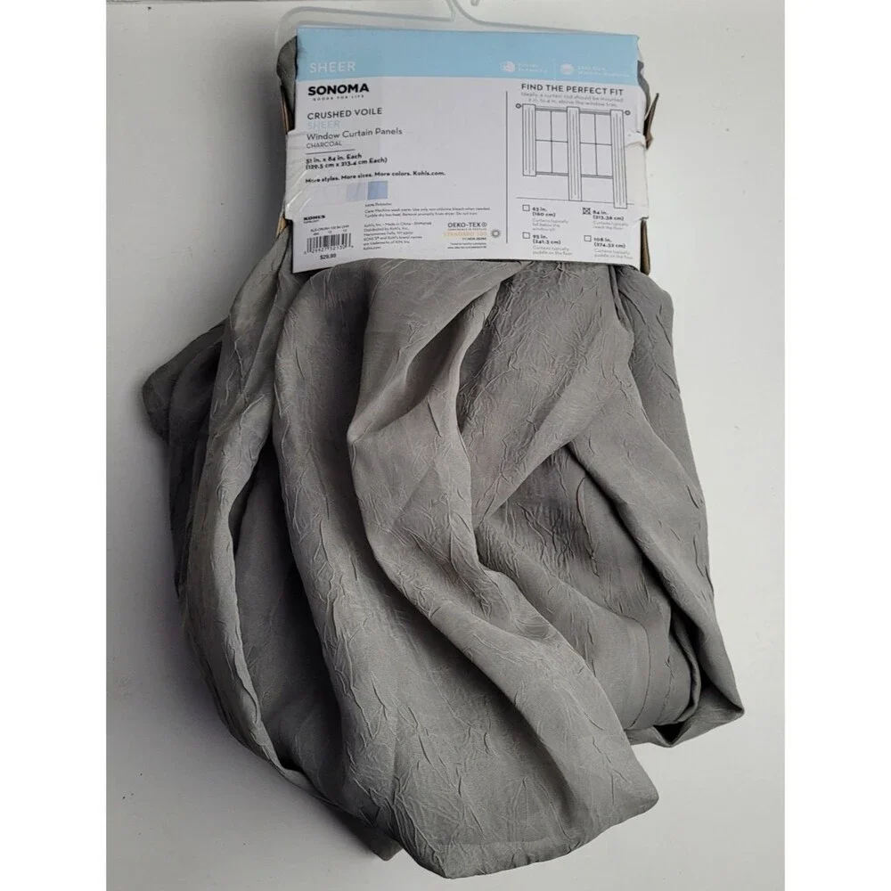 NEW Sonoma Crushed voile sheer window curtain 2 panels 51x84inch Charcoal Color